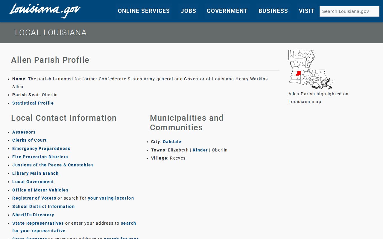 Louisiana government profile for Allen Parish offices