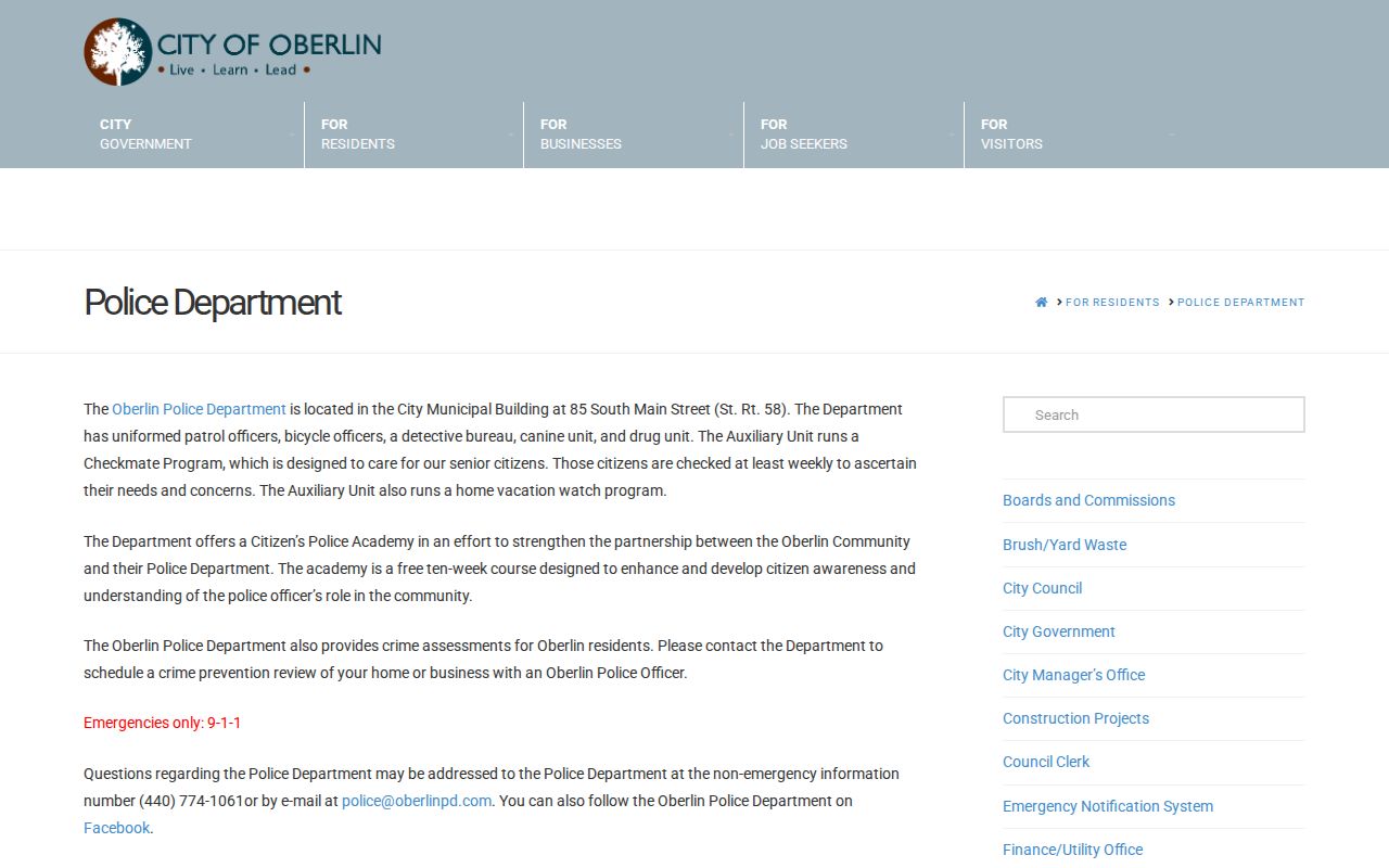 Oberlin municipal building and police department information