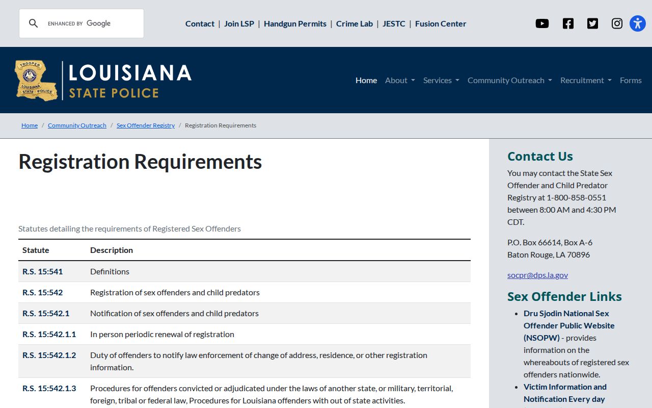 Louisiana statute table for Allen Parish sex offender registration duties