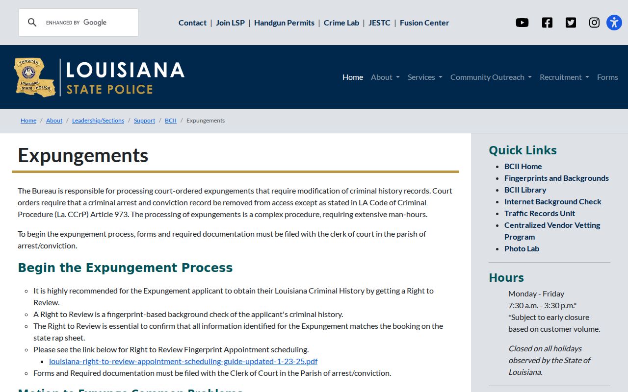 Allen Parish criminal history expungement packet and Louisiana fee guidance